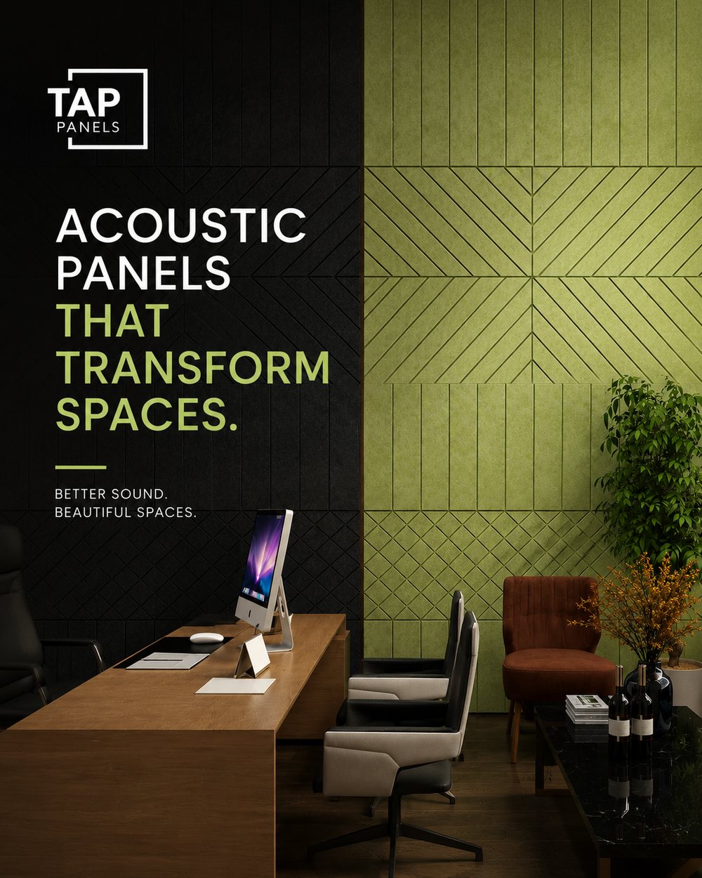 TAP acoustic panels that transform spaces — office interior with green and charcoal recycled PET felt wall panelling