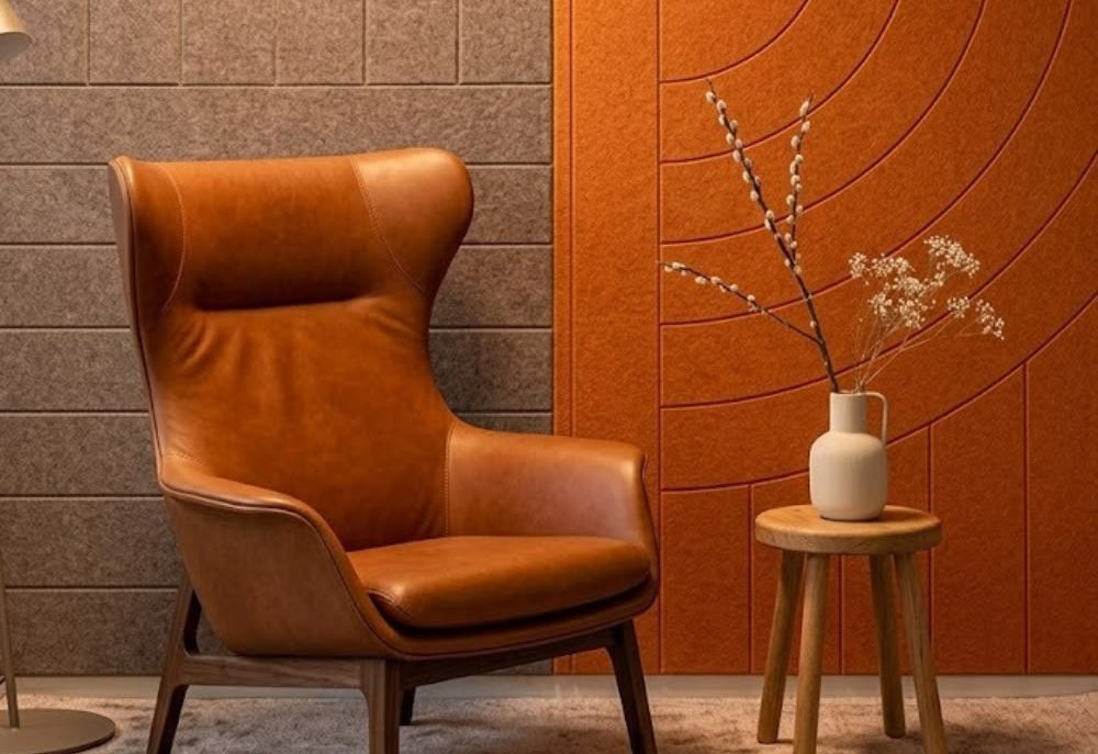 Grooved and solid PET felt wall panels in grey and terracotta
